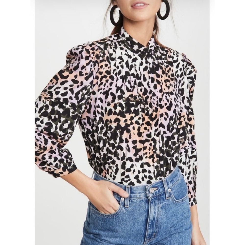 Veronica Beard Lety Leopard Print Lilac Silk Blend Crepe De Chine Top Size 2